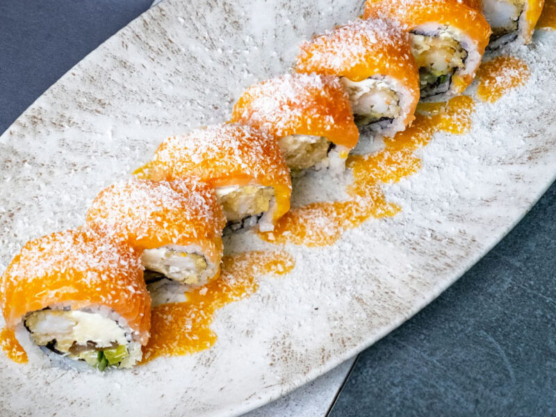Roll with tempura shrimp and cream cheese